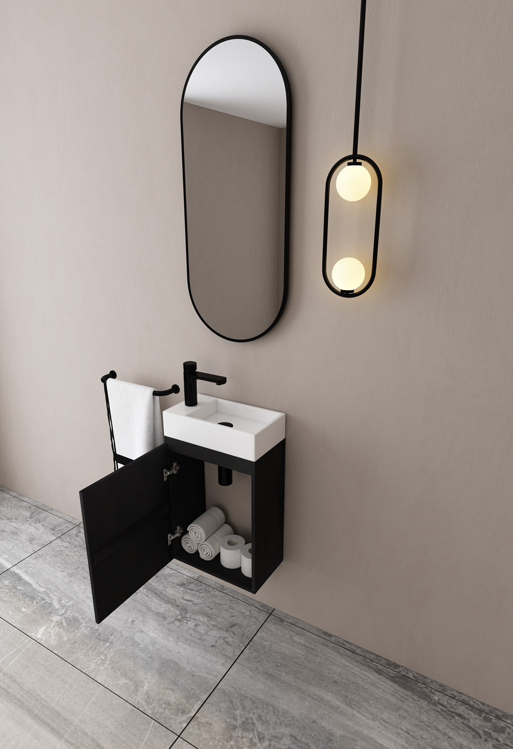 MD Interior Eden toiletmeubel zwart mangohout links met solid surface fontein links