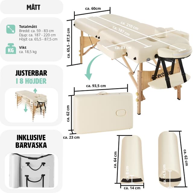 Massagebriks med 2 zoner, 7,5cm polstring + ruller