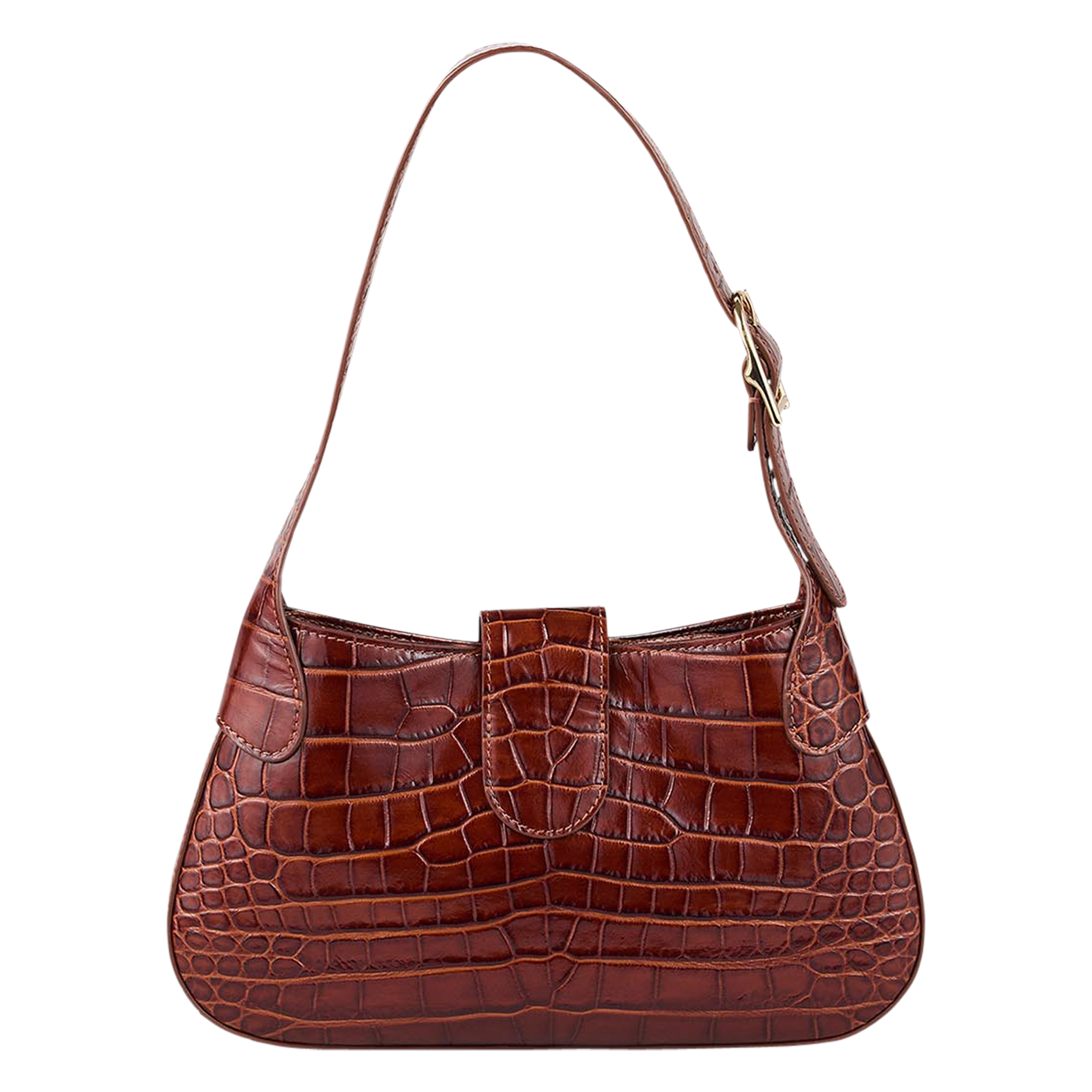 Sac épaule en cuir embossé croco | Marron