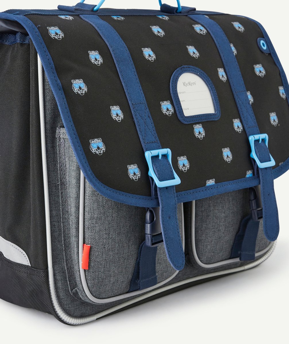 KICKERSCARTABLE BLEU NOIR ET GRIS CHINÉ IMPRIMÉ TIGRES AVEC DOUBLE SOUFFLET