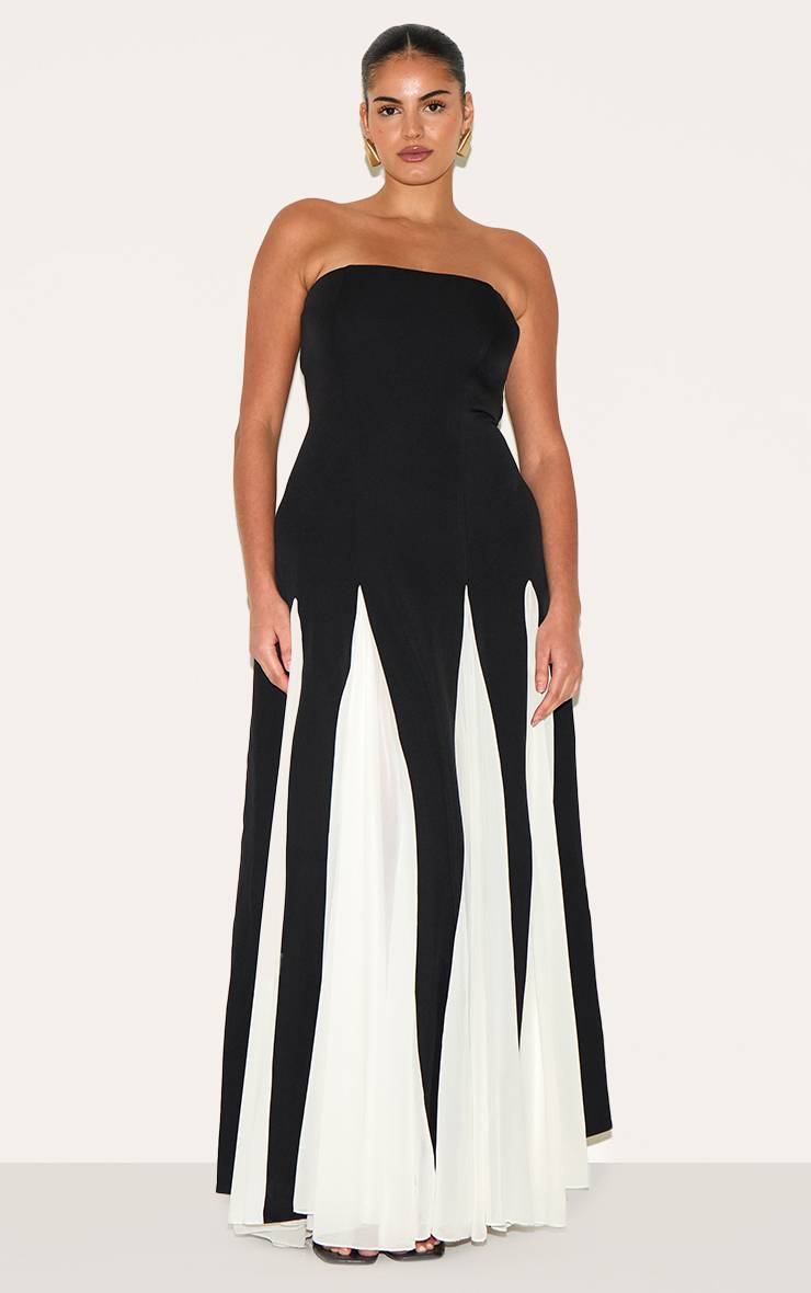Noir Robe Maxi Plissée En Mousseline À Bandeau Contrasté Grande Taille