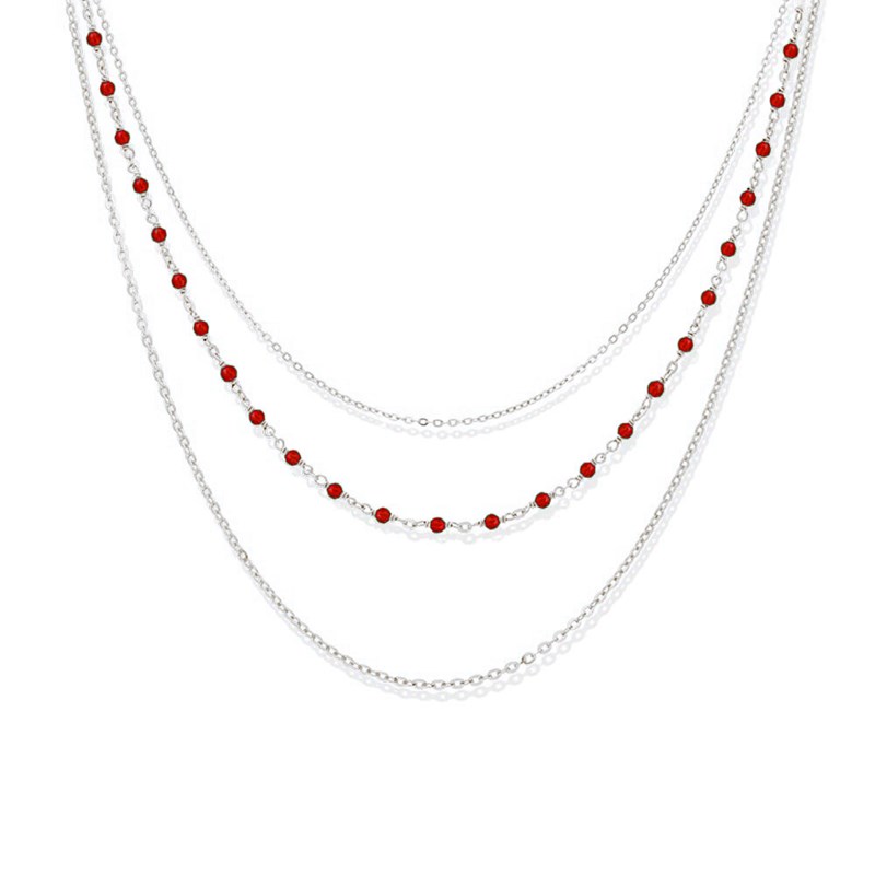 Collier Argent Rhodier Triple Collier Petite Perles Pierre Onyx Rouge