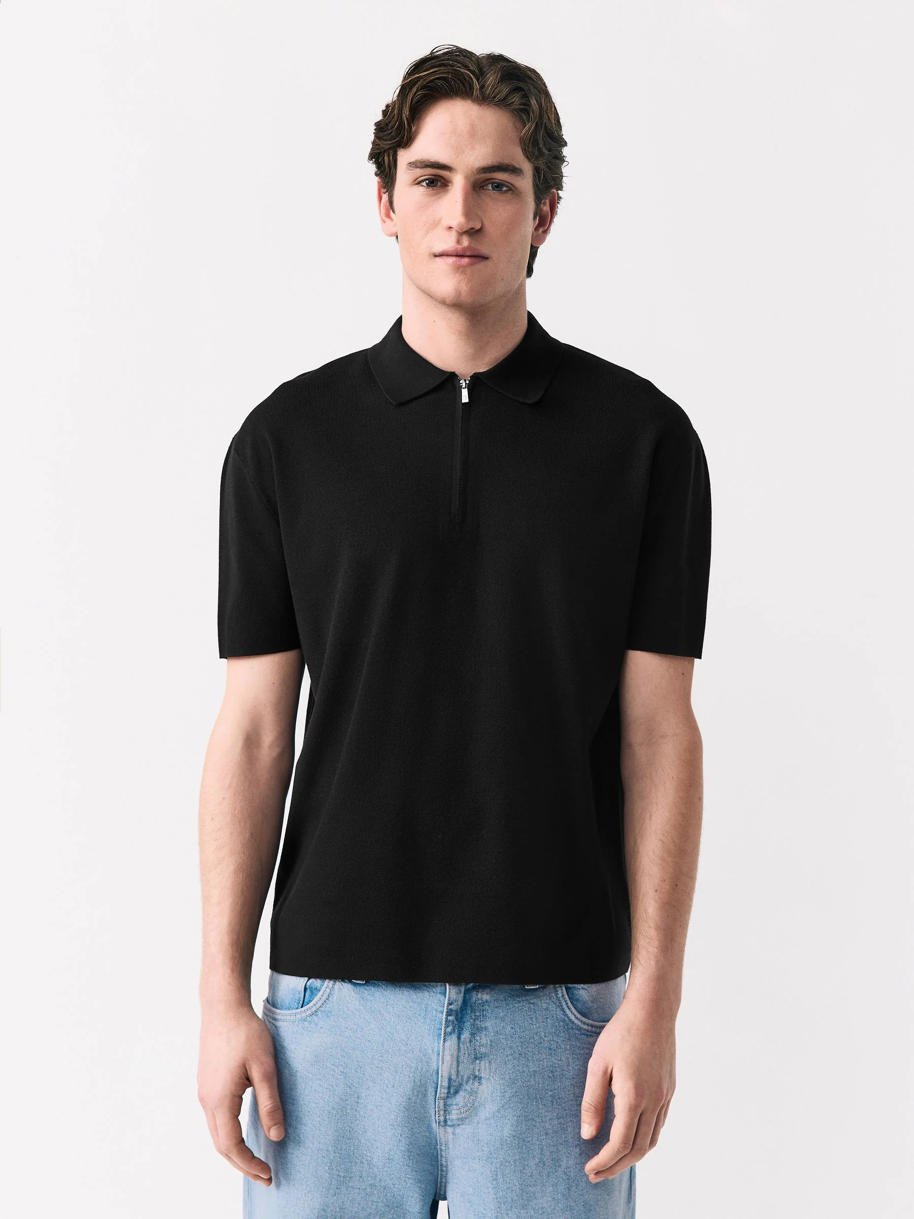 Zwart - Relaxed Fit Premium middelzwaar gebreid poloshirt met korte mouwen
