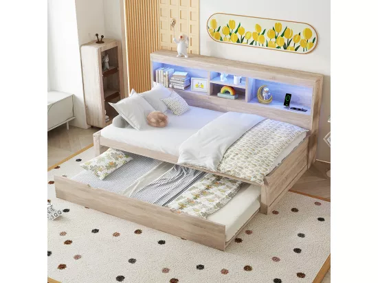 Lit gigogne 90x200 éclairage d'ambiance télécommandé compartiment de rangement côté lit prise+USB Naturel