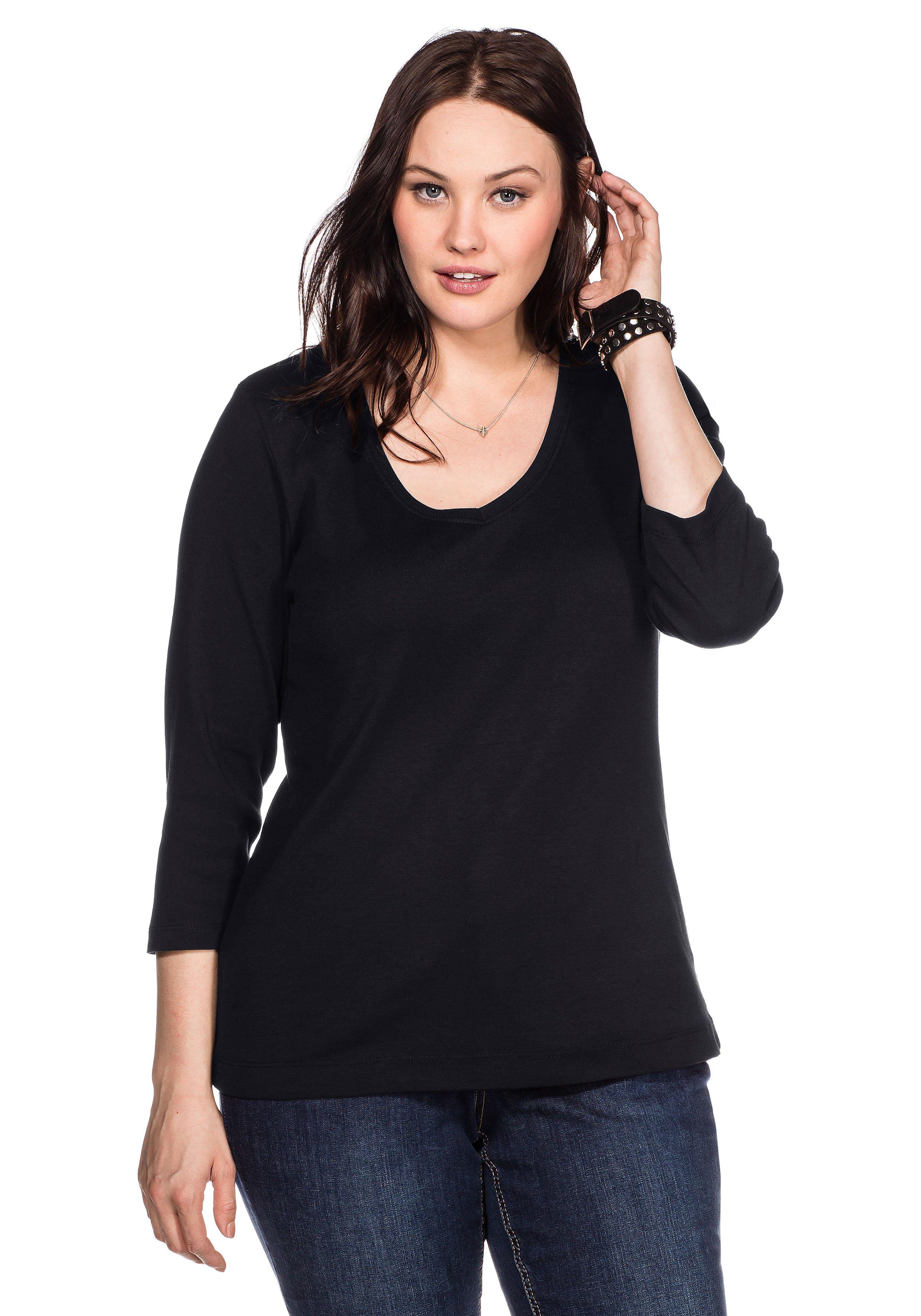 Shirt mit 3/4-Arm und V-Ausschnitt, in Rippqualität