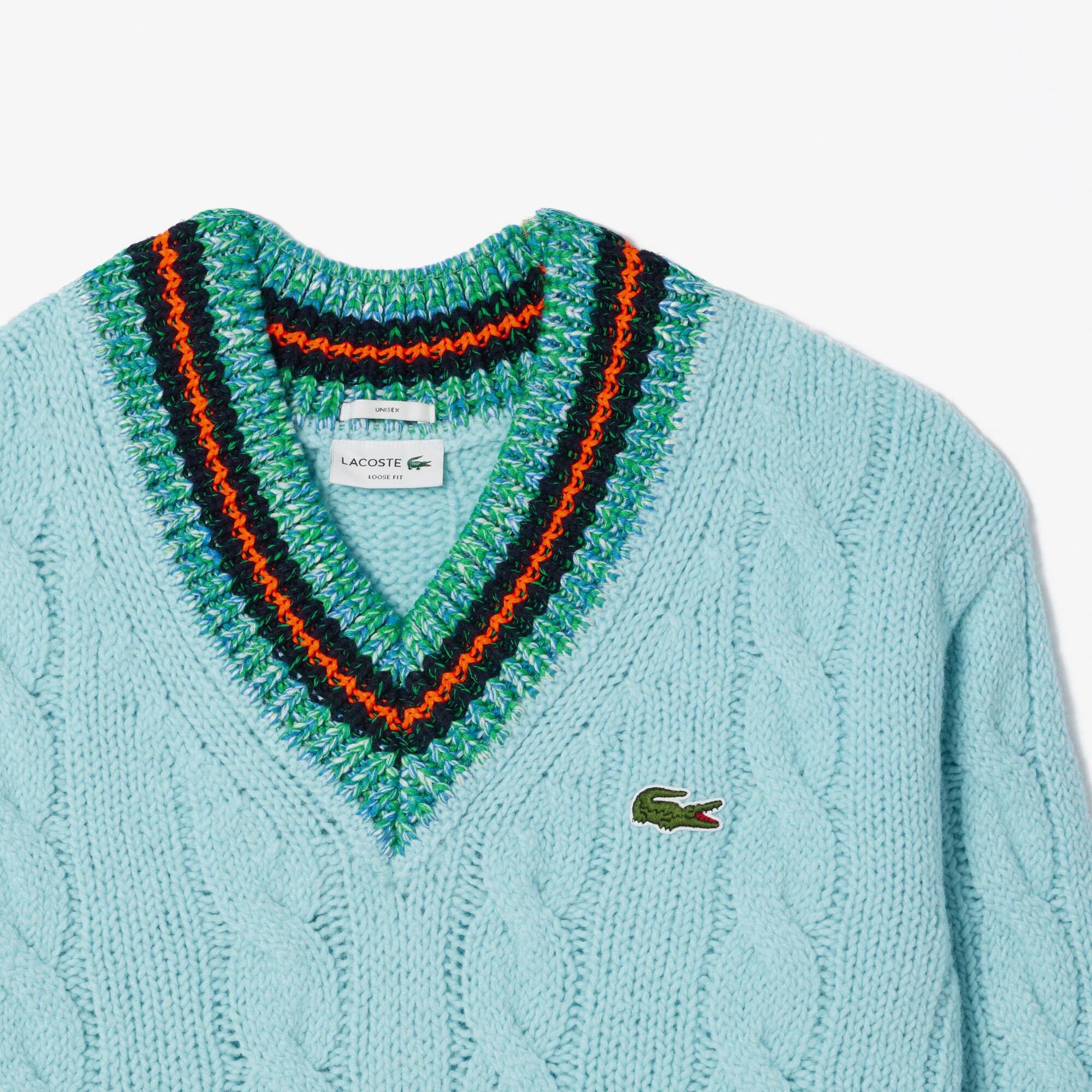 Pull loose fit à col V en laine torsadée Pullovers - Bleu - Lacoste - Unisex