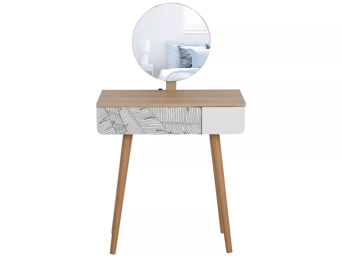 Coiffeuse table de maquillage design scandinave tiroir et grand miroir dim. 70 x 39 x 119-128 cm
