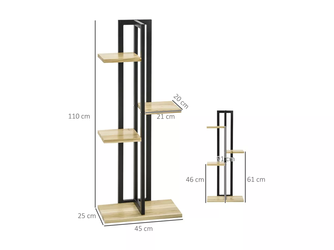 Support à fleurs style industriel 4 niveaux - porte plante 4 étagères - métal époxy noir bois sapin