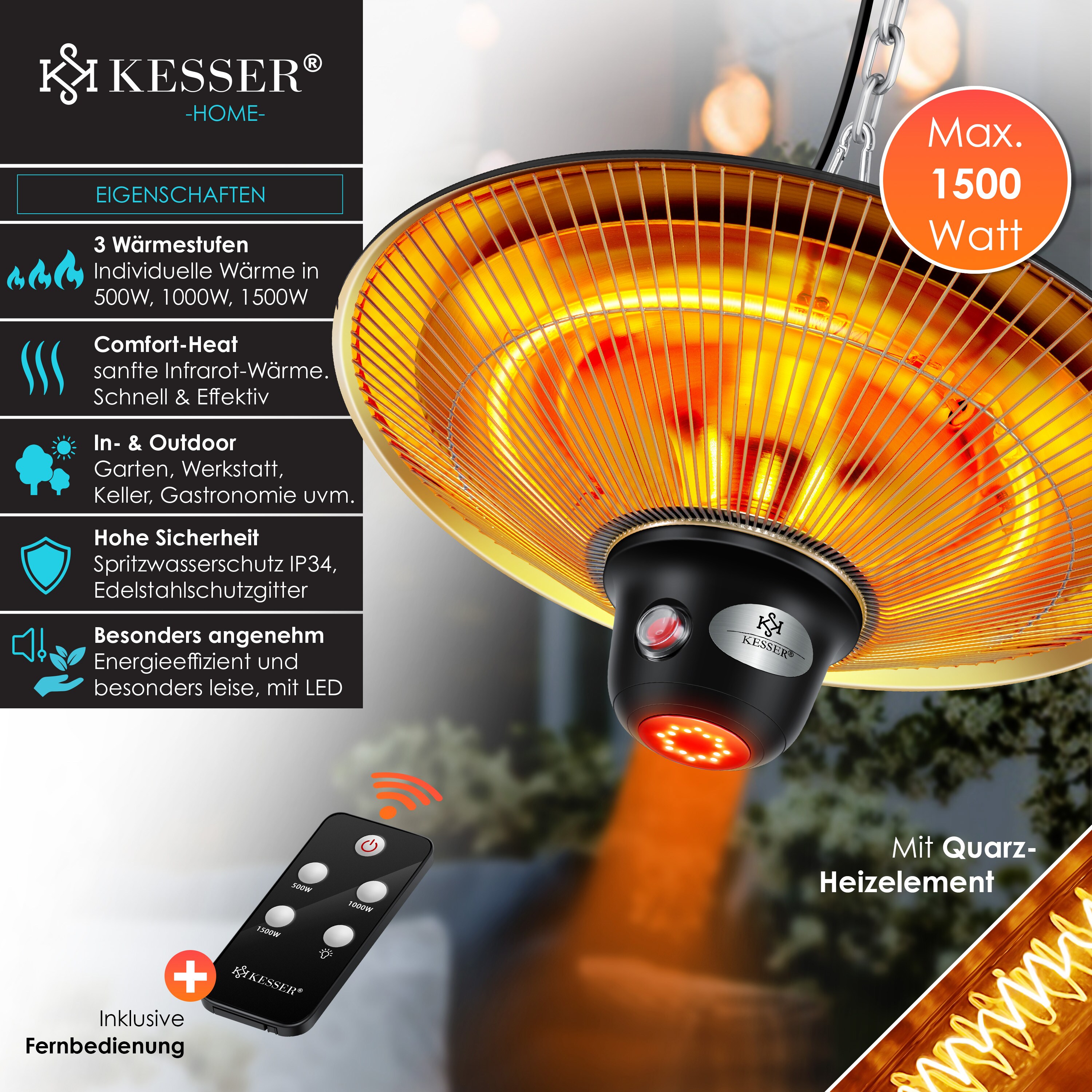 KESSER® Deckenheizstrahler Heizpilz Heizstrahler Terrassenstrahler Infrarot Heizgerät