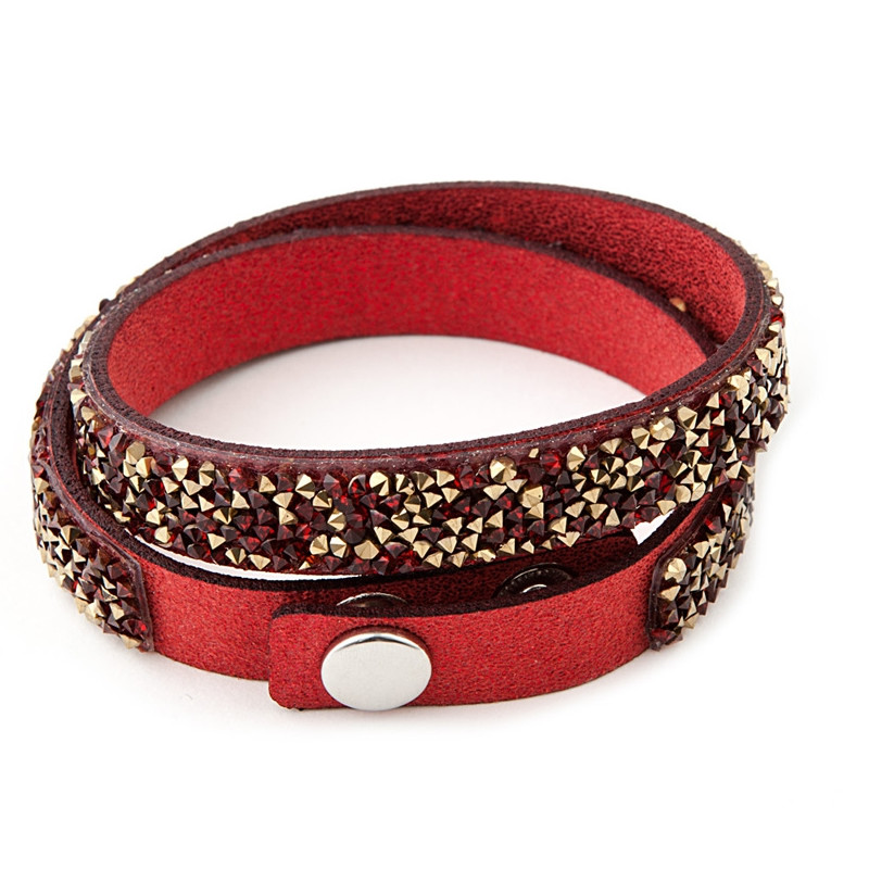 Bracelet orné de Cristaux Rouges et Dorés de Swarovski et Cuir Rouge