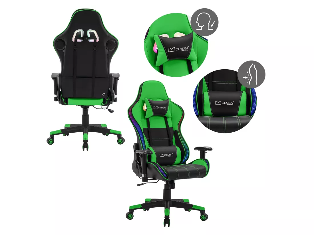 Chaise de jeu avec éclairage RGB & Bluetooth Boxes Noir/Vert en similicuir ML-Design