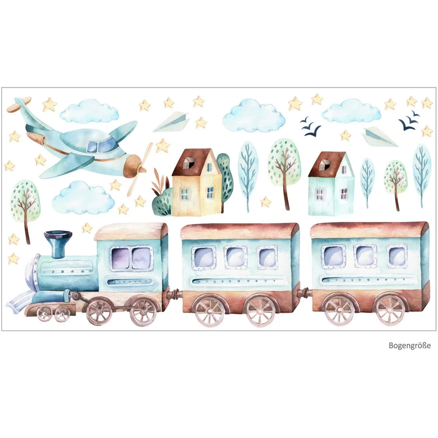 Nikima Wandtattoo 120 Wandtattoo Zug Eisenbahn Flugzeug Sterne Wolken Aquarell hellblau