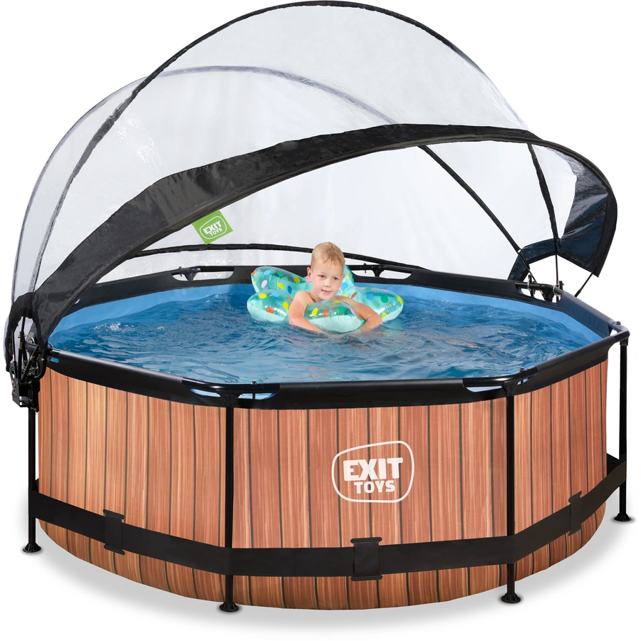 EXIT Frame Pool ø244x76cm (12v Kartusche Filterpumpe) – Holzoptik & Sonnendach