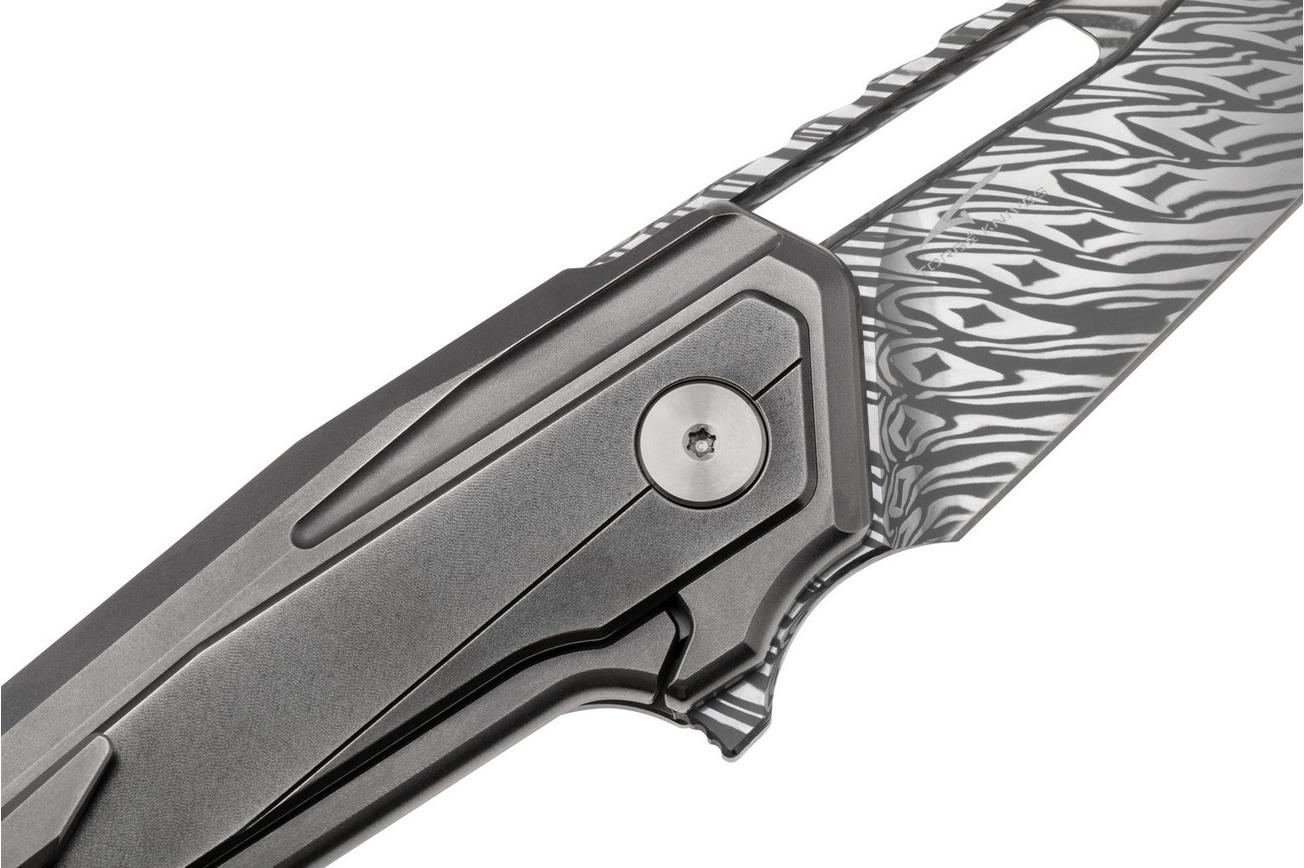 WE Knife Falcaria WE23012B-DS1 Fafnir Damasteel, Polished Bead Blasted Titanium, Polished Gray Titanium, zakmes