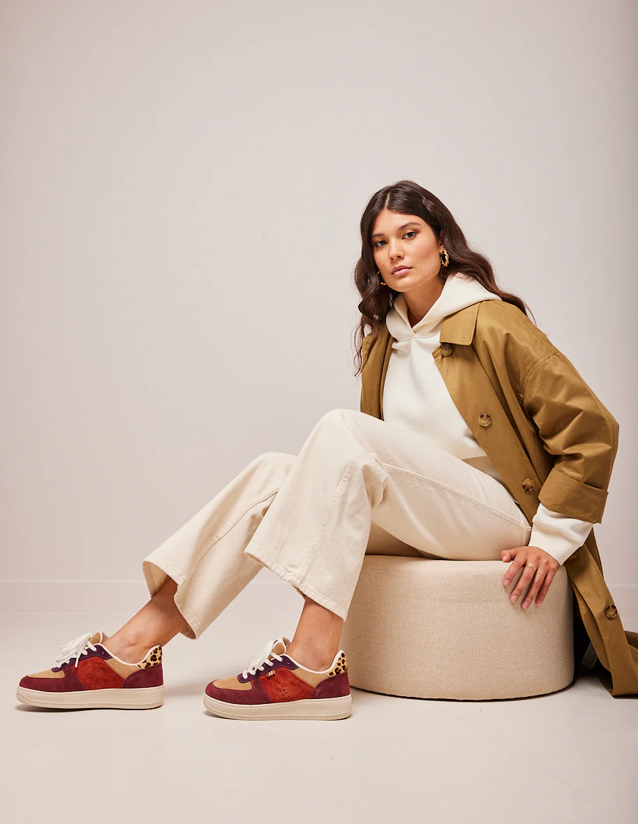 Baskets basses Maxence F - Suède bordeaux beige pourpre