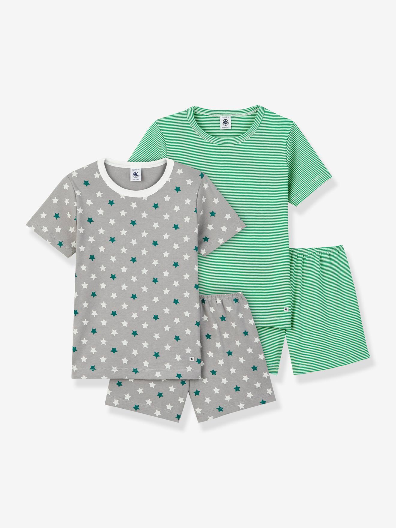 Conjunto de 2 pijamas com shorts, estrelas e listras, algodão, PETIT BATEAU, verde médio listrado.