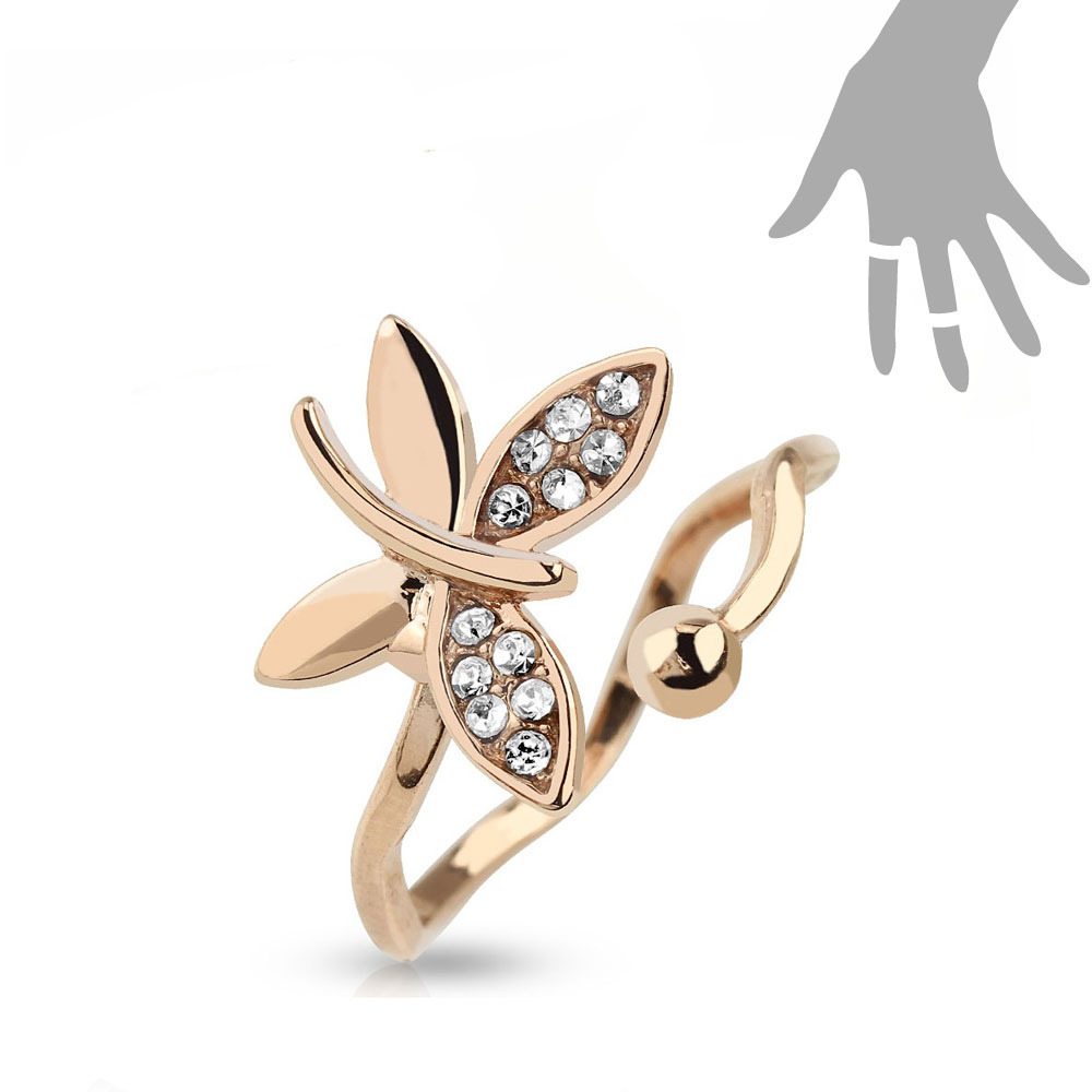 (Ø17mm) Verstellbarer Fingerring mit Strass Schmetterling - Roségold