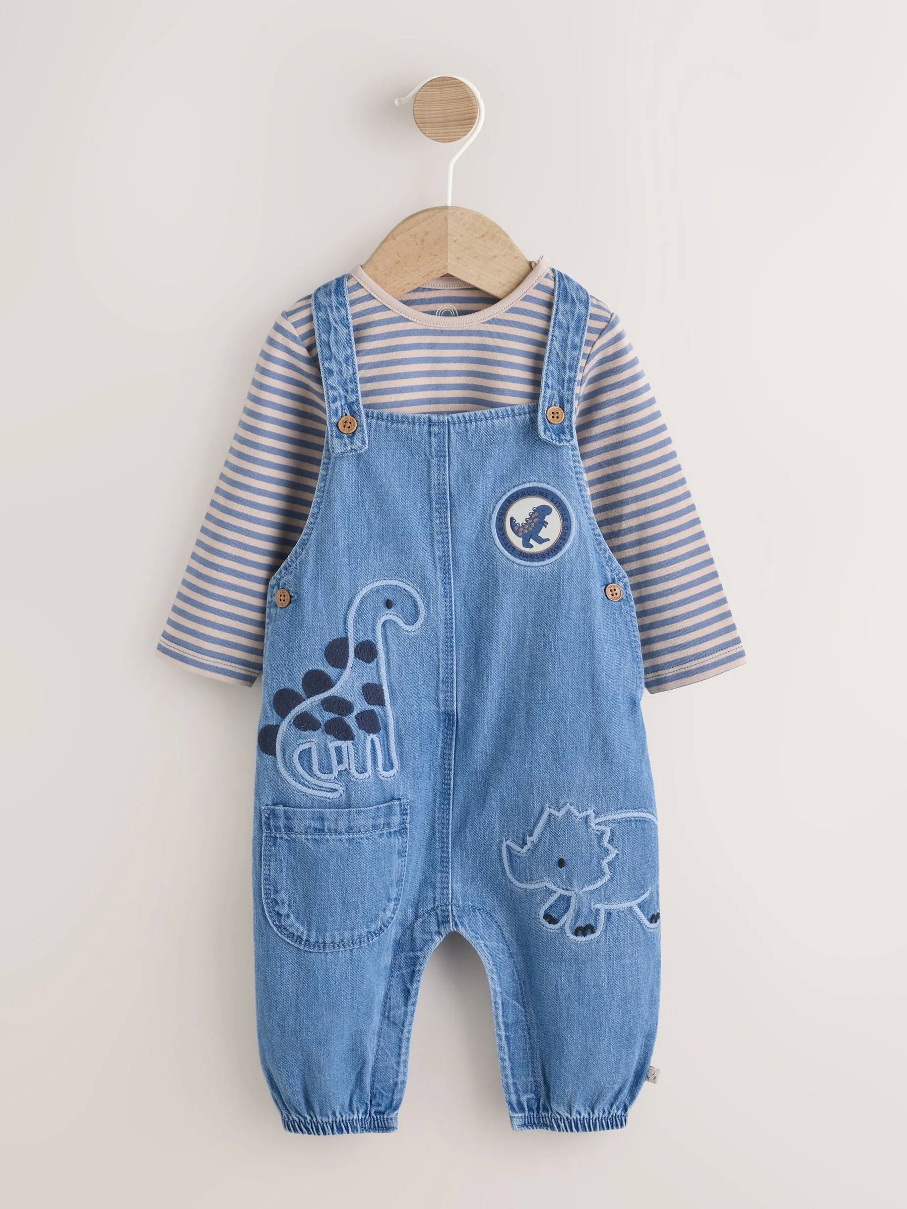 Blauw met dinosaurus - Babyset van denim bretelbroeken en bodysuit (0 mnd - 2 jr)