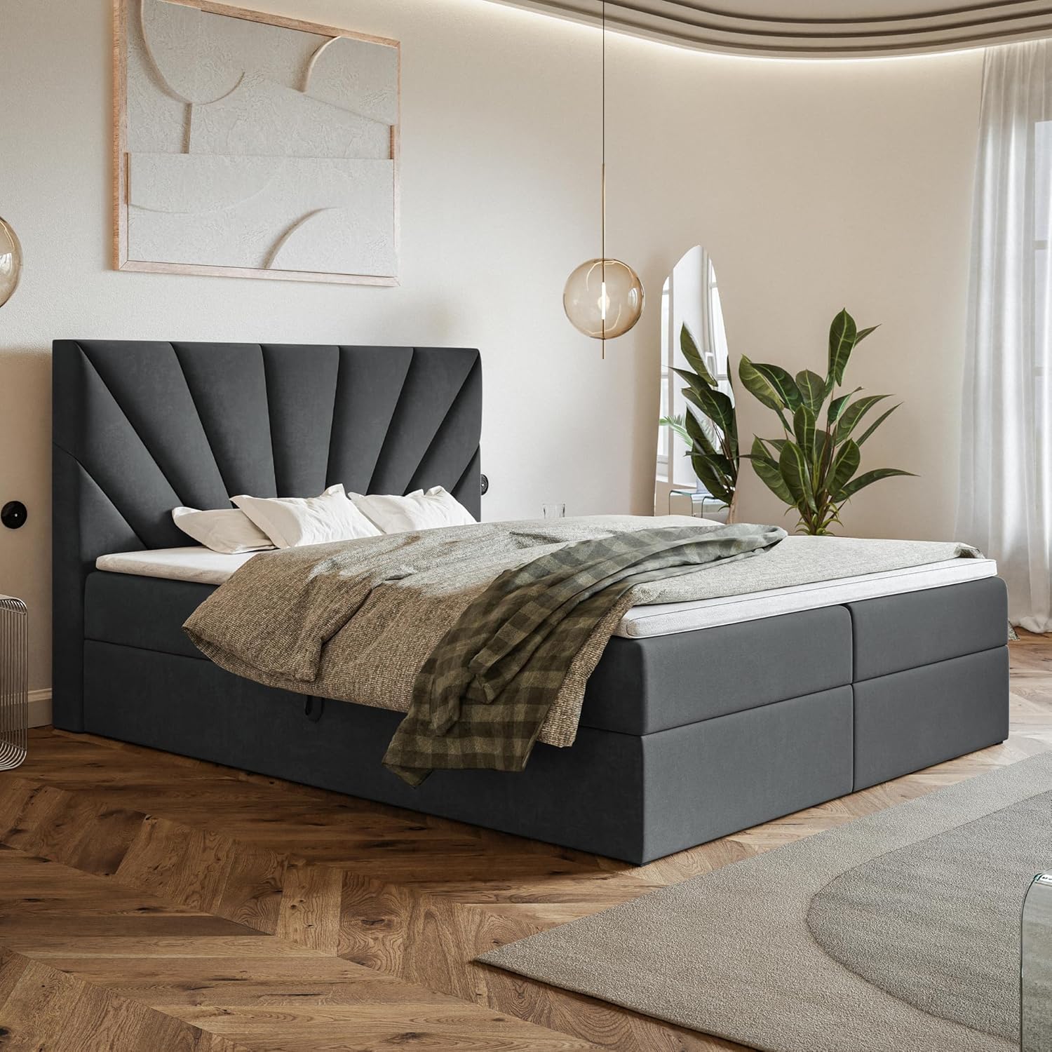 Aspen Boxspringbett 180x200 mit Bettkasten und Topper, Polsterbett 180x200 mit Bettkasten, Bonellfederkern-Matratze (H4), T28 Komfortschaumstoff Topper (H3), Samt, Grau (Anthrazit)