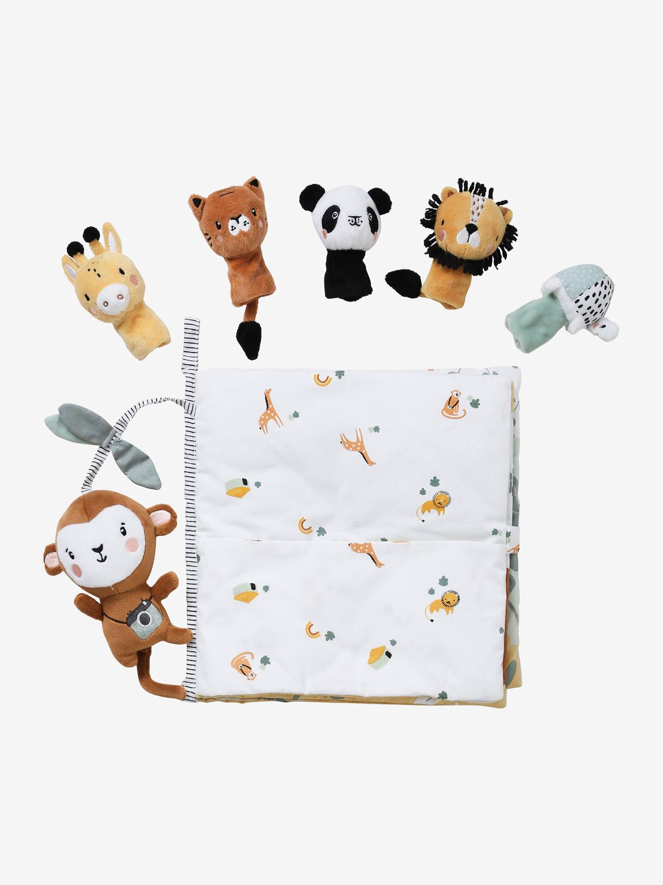 Livro de estímulos + brinquedos de pelúcia de veludo cinza claro liso da Tanzânia com estampas.