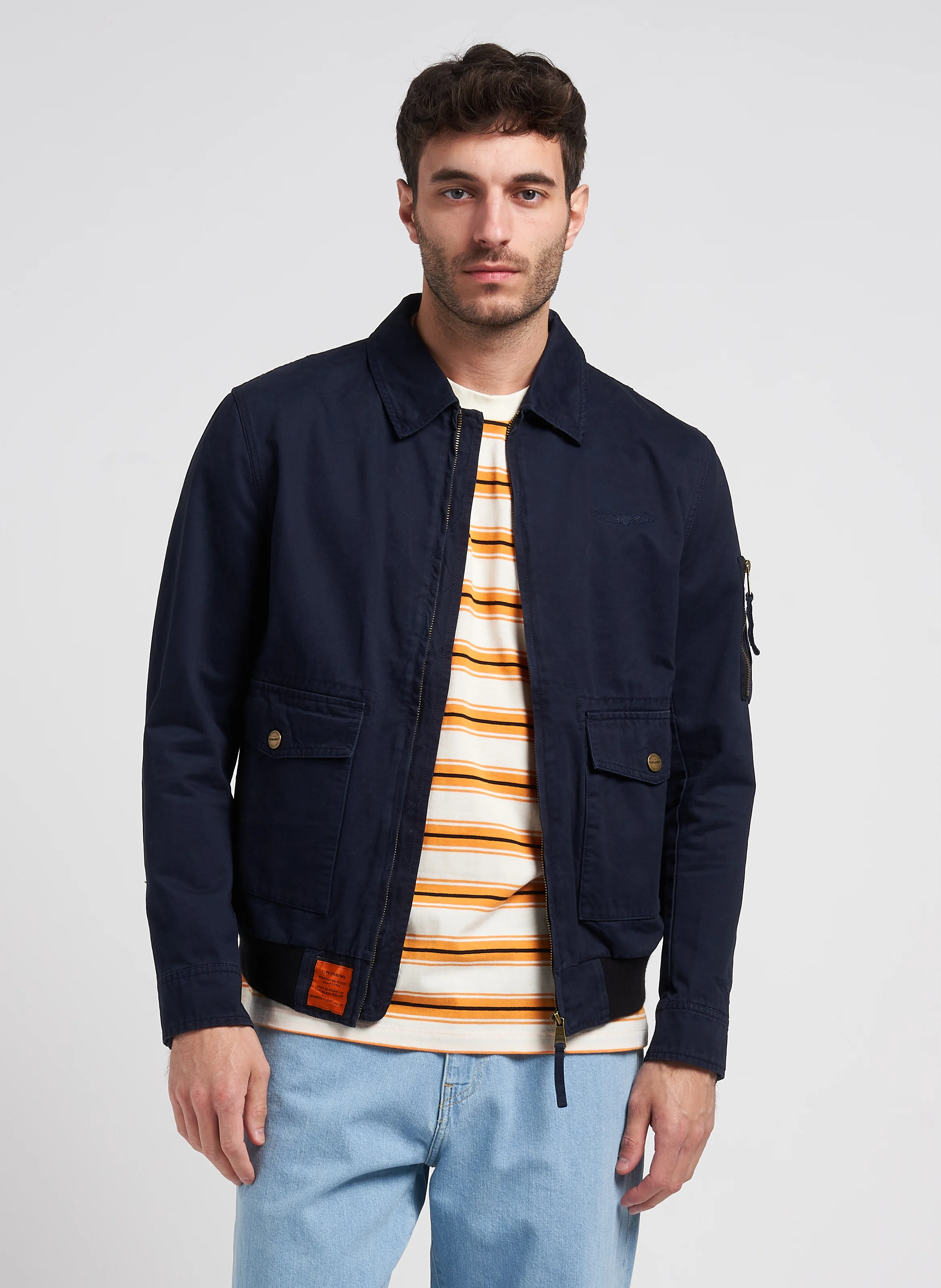 PILOT - Blouson col classique coupe droite en coton | Bleu