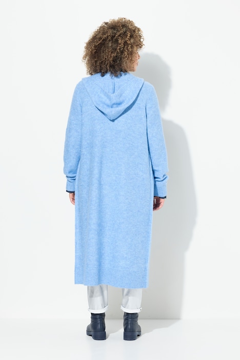 Long-Strickjacke, Kapuze, offene Jacke, Linksstrick