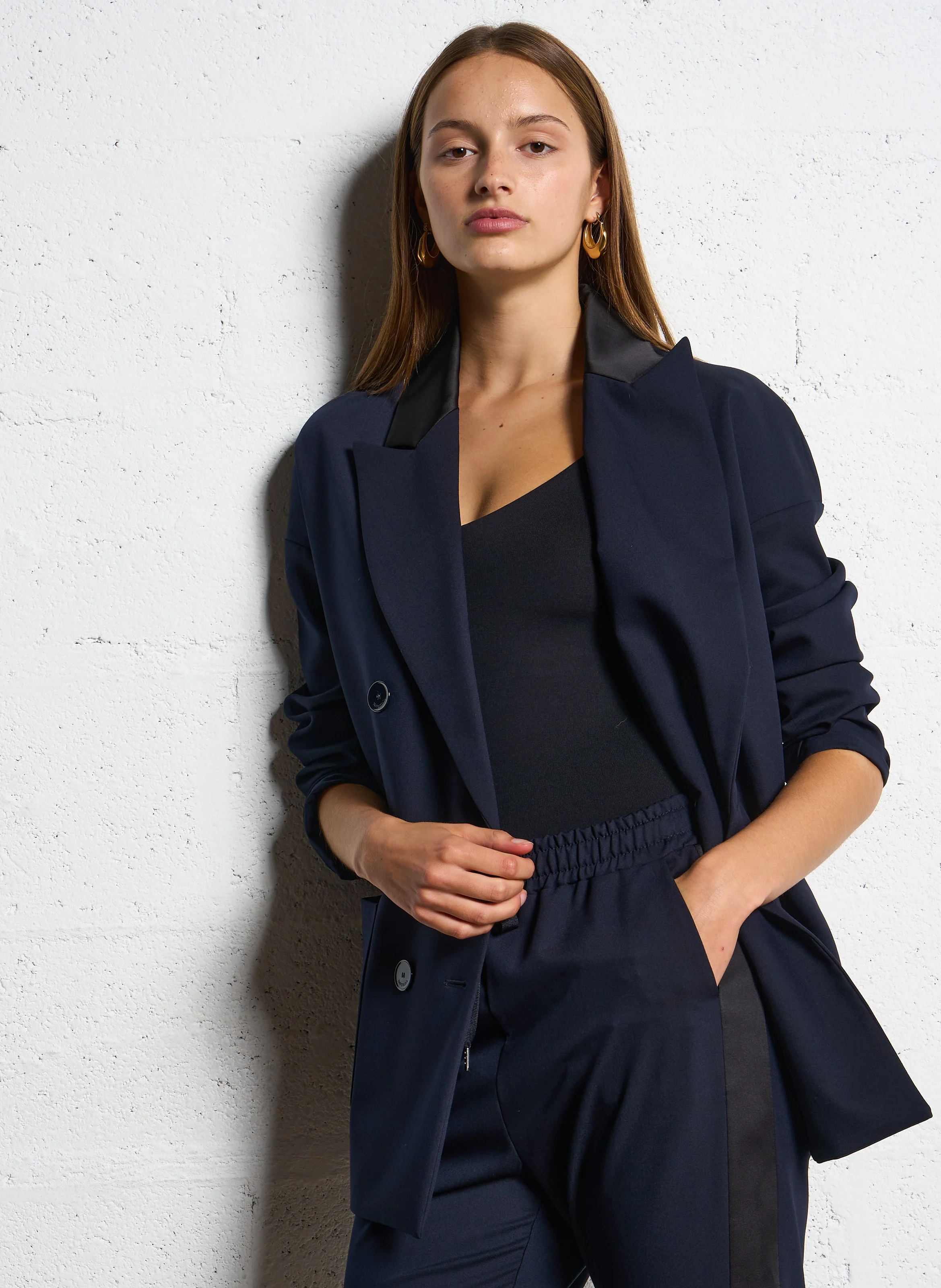 Veste tailleur satinée| Bleu