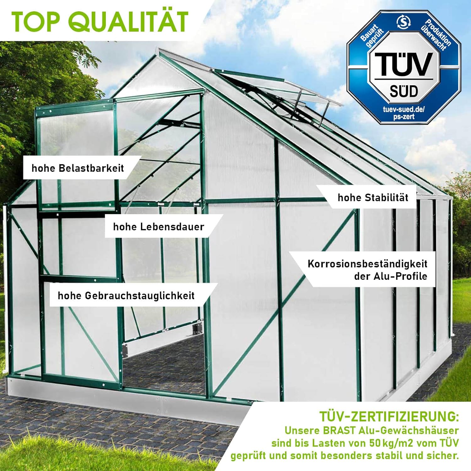 BRAST Gewächshaus Aluminium mit Fundament | 42 Modelle | 130x190x195cm - 490x250x235cm | TÜV geprüft | 6mm Hohlkammerplatten | rostfrei wetterfest temperaturbeständig | 250x250x205cm Grün