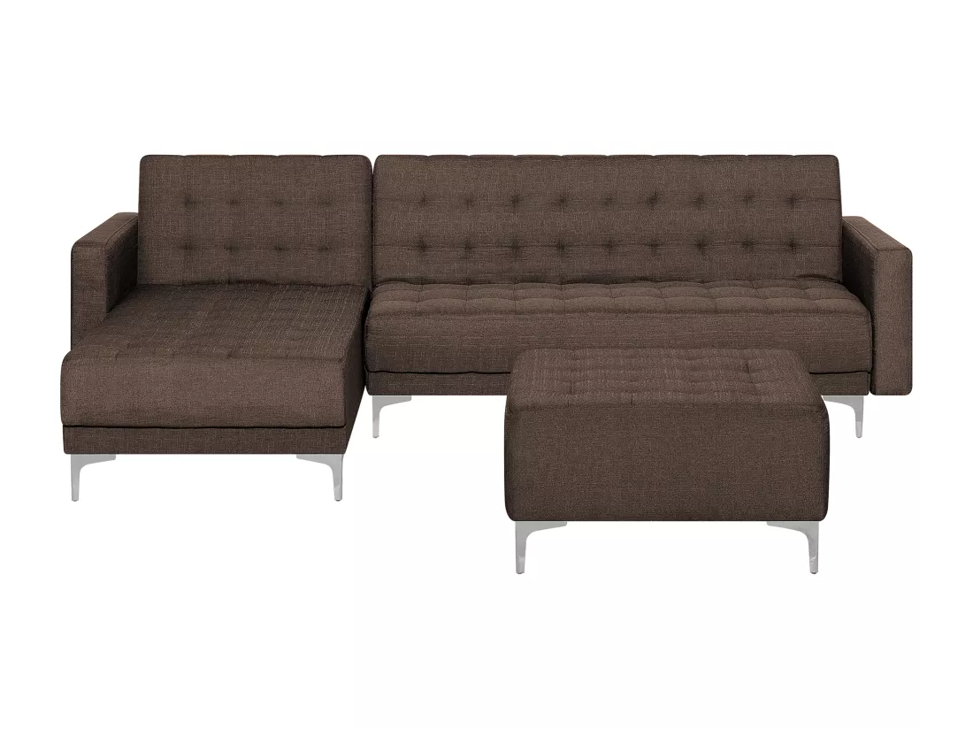 Canapé angle gauche convertible en tissu marron foncé 4 places avec pouf ABERDEEN