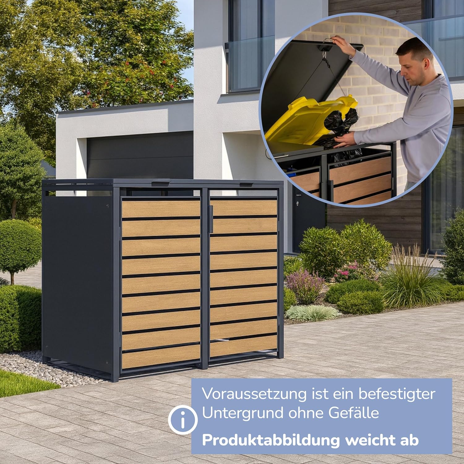 Mülltonnenbox 2er Valto mit Lamellendesign/Klappdach mit Gasdruckdämpfer