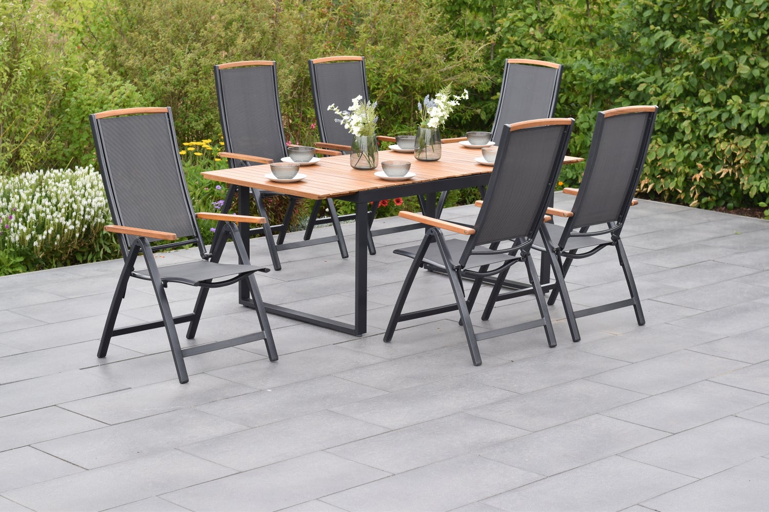 Siena 7-delige tuinmeubelset, klapstoel, uitschuifbare tafel 150 (200) x 90 cm, grafiet/grijs