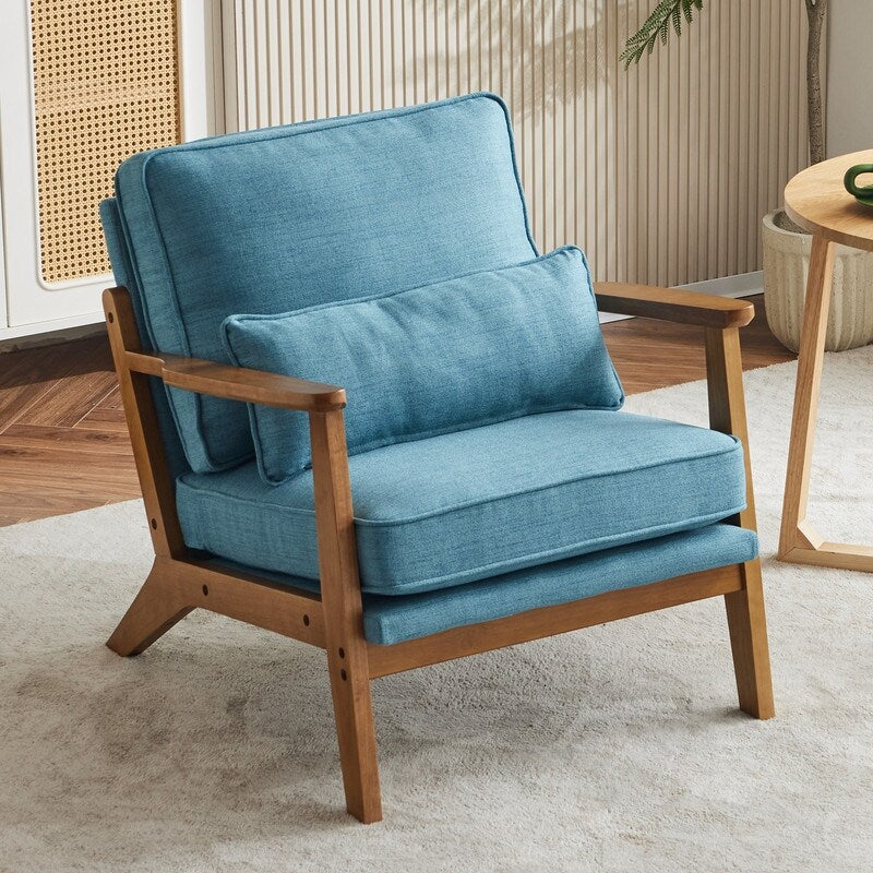 Upholstered Linen Blend Accent Chair with Wooden Legs and One Pillow Beige