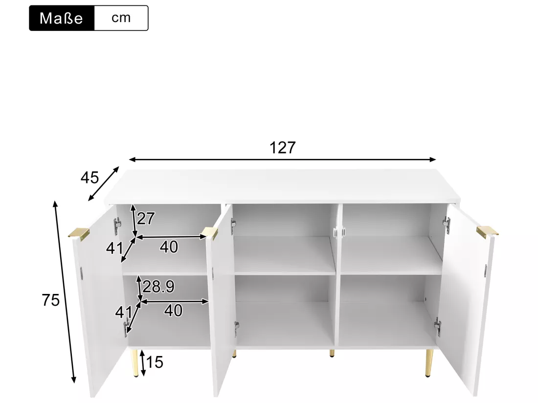 Buffet moderne avec pieds et poignées dorés, coins arrondis, 127l*45p*75h, blanc