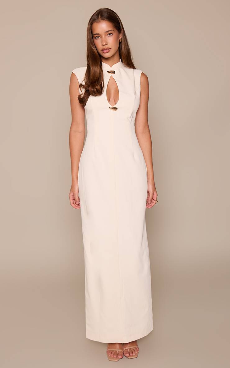 Crème Robe Maxi Ajustée Avec Découpe Goutte D'eau Et Détails Bordés
