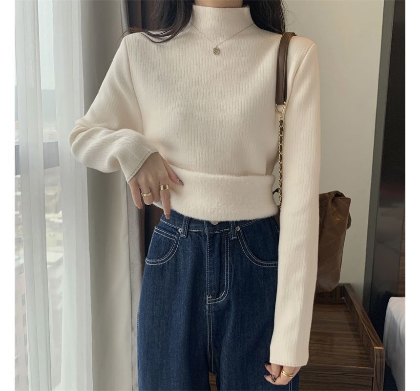 PINPI - Lange mouwen, geribbelde top met effen fleecevoering en mockneck