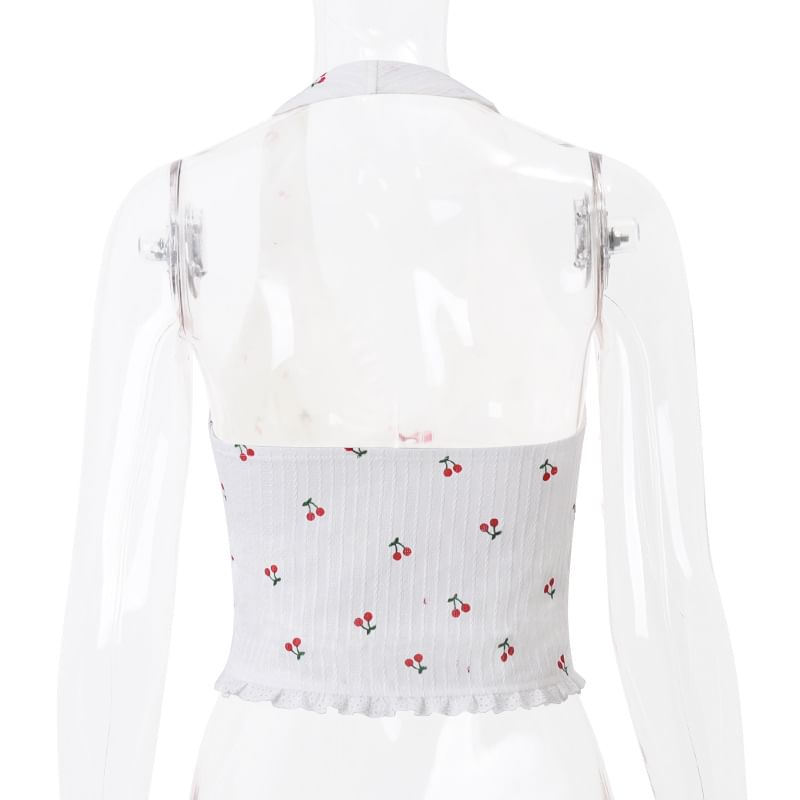 Bulgaris - Halter V-hals kanten versiering kersenprint strik accent crop vest