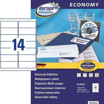 Europe100 - 1400 Étiquettes multi-usages blanches - 99,1 x 38,1 mm - réf ELA042