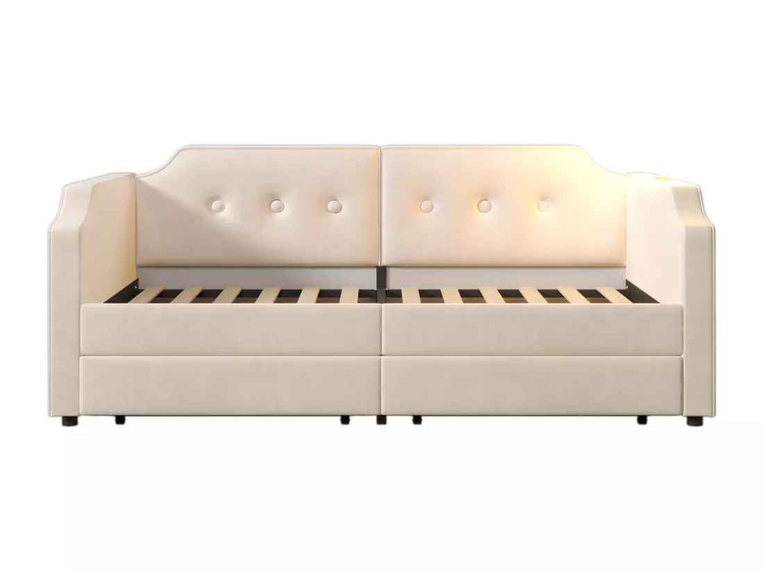 Lit banquette 90x200cm en velours - avec fonction recharge et LED - avec sommier à lattes - Beige