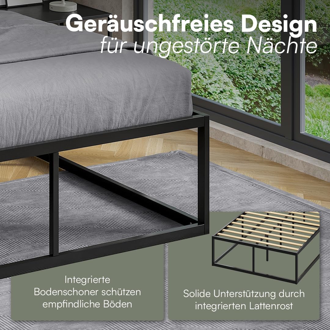 skølm Bragi Metallbett 140x200 cm – Bett aus Metall mit Lattenrost – stabiles Metall Bettgestell Schwarz – Bettrahmen geeignet als Doppelbett – Doppelbettgestell 45 cm hoch – Gästebett mit Stauraum