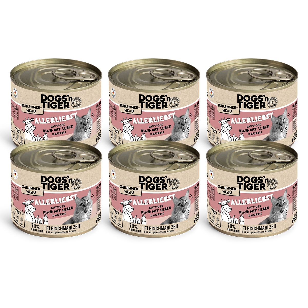 Dogs’n Tiger Adult Katzenfutter, Allerliebst, Nassfutter, Getreidefrei, Rind, Hühnerleber & Kürbis