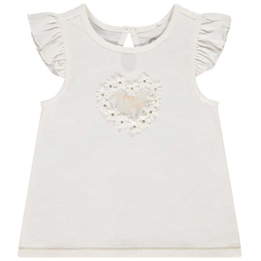T-shirt manches courtes volantées en jersey avec fleurs fantaisie pour bébé fille - Ecru