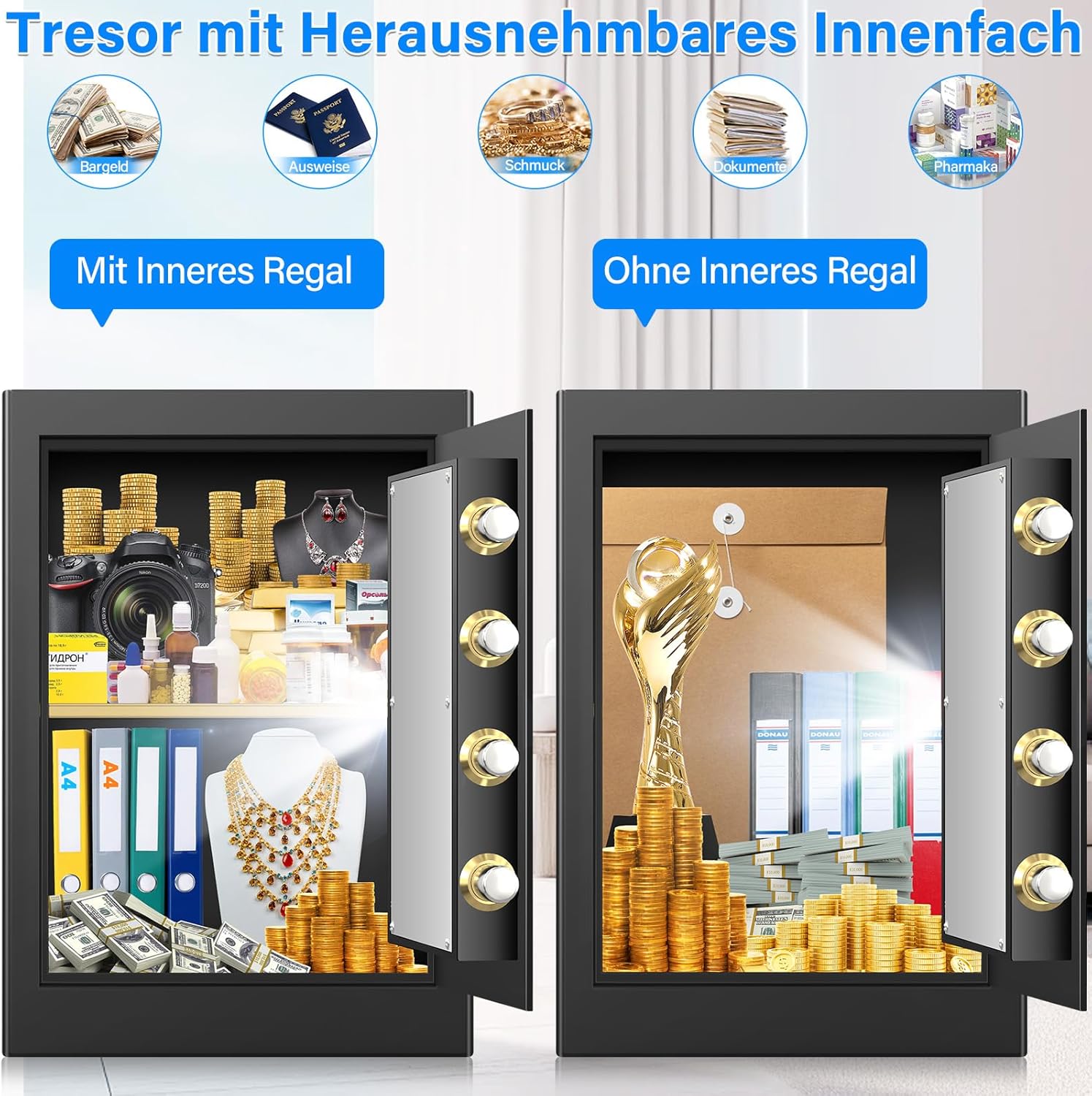 45L Großer Feuerfester Tresor Safe mit Feuersichere Dokumententasche, Digitaler Möbeltresore mit 2 Schlüssel & Herausnehmbarem Regal, Elektronischer Tresor für DIN A4 Ordner Bargeld Medikamente