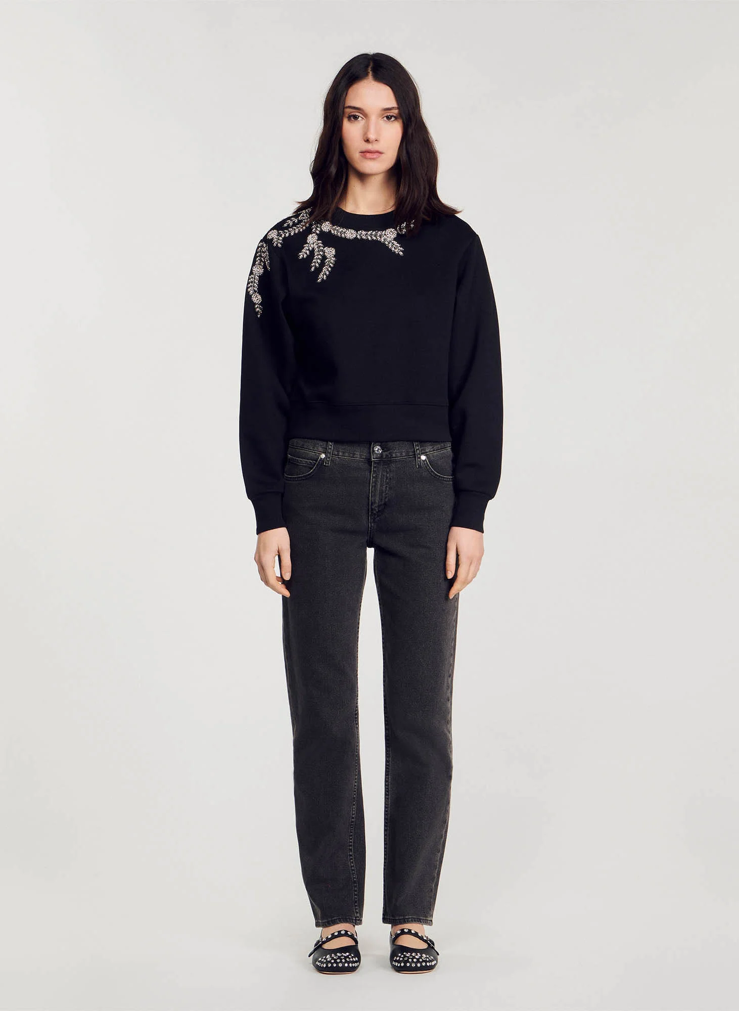 Sweat col rond à strass en coton mélangé| Noir