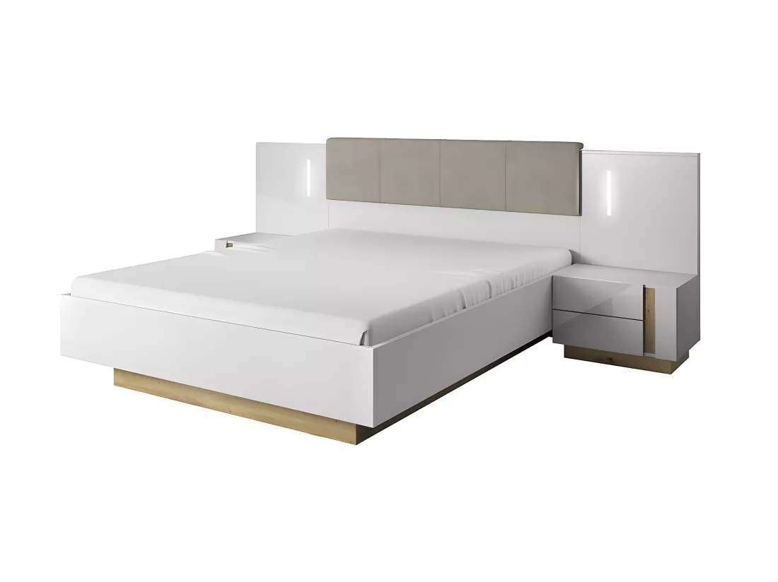 Lit avec chevets 160 x 200 cm - Avec LEDs - Blanc et naturel + Sommier - MURARI