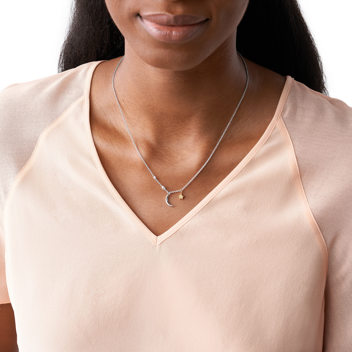 Collier FOSSIL argent 925 bicolore lune, étoile et zirconias 47 cm
