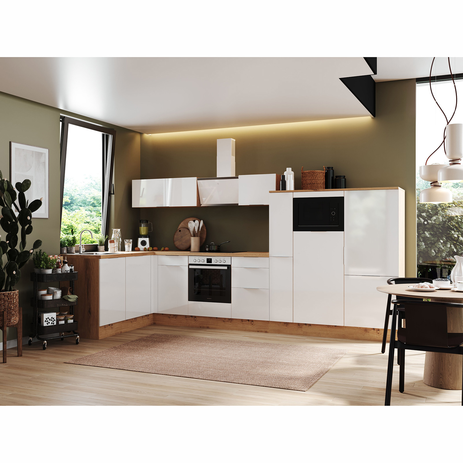 RESPEKTA Winkelküche - weiß Hochglanz - Artisan Eiche - mit E-Geräten - 370x175 cm