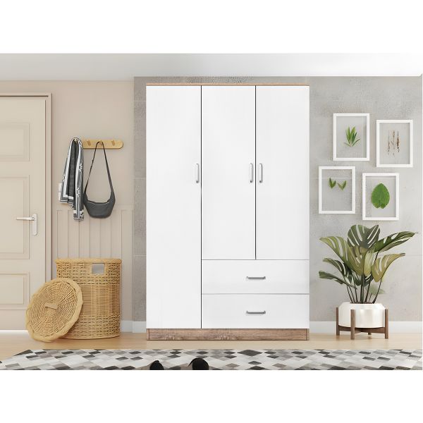 Ideia Home Design Roupeiro Milan Branco Carvalho Claro 3 Portas de Abrir 2 Gavetas 120 x 180 x 52 cm