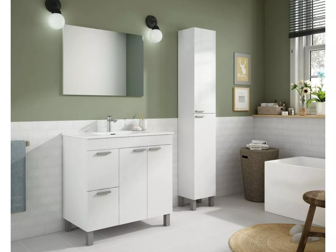 Colonne de salle de bain Hollywood, Armoire colonne de salle de bain avec 2 portes, Armoire suspendue avec 2 étagères, 30x25h182 cm, Blanc brillant