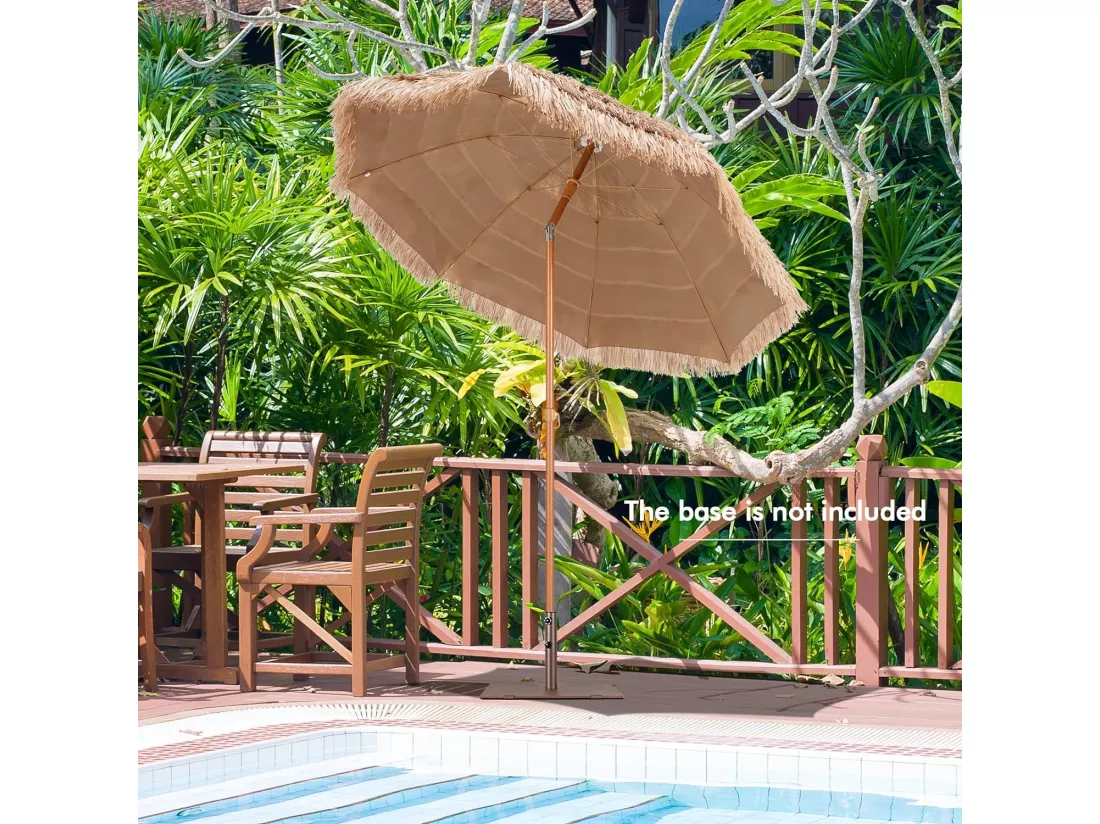 Parasol en Paille PP Φ208 CM, Parasol de Plage Inclinable, Parasol Hawaïen de 213,5 CM de Hauteur, Parasol Extérieur à 8 Baleines, pour Balcon, Jardin Terrasse, Piscine(Naturel)