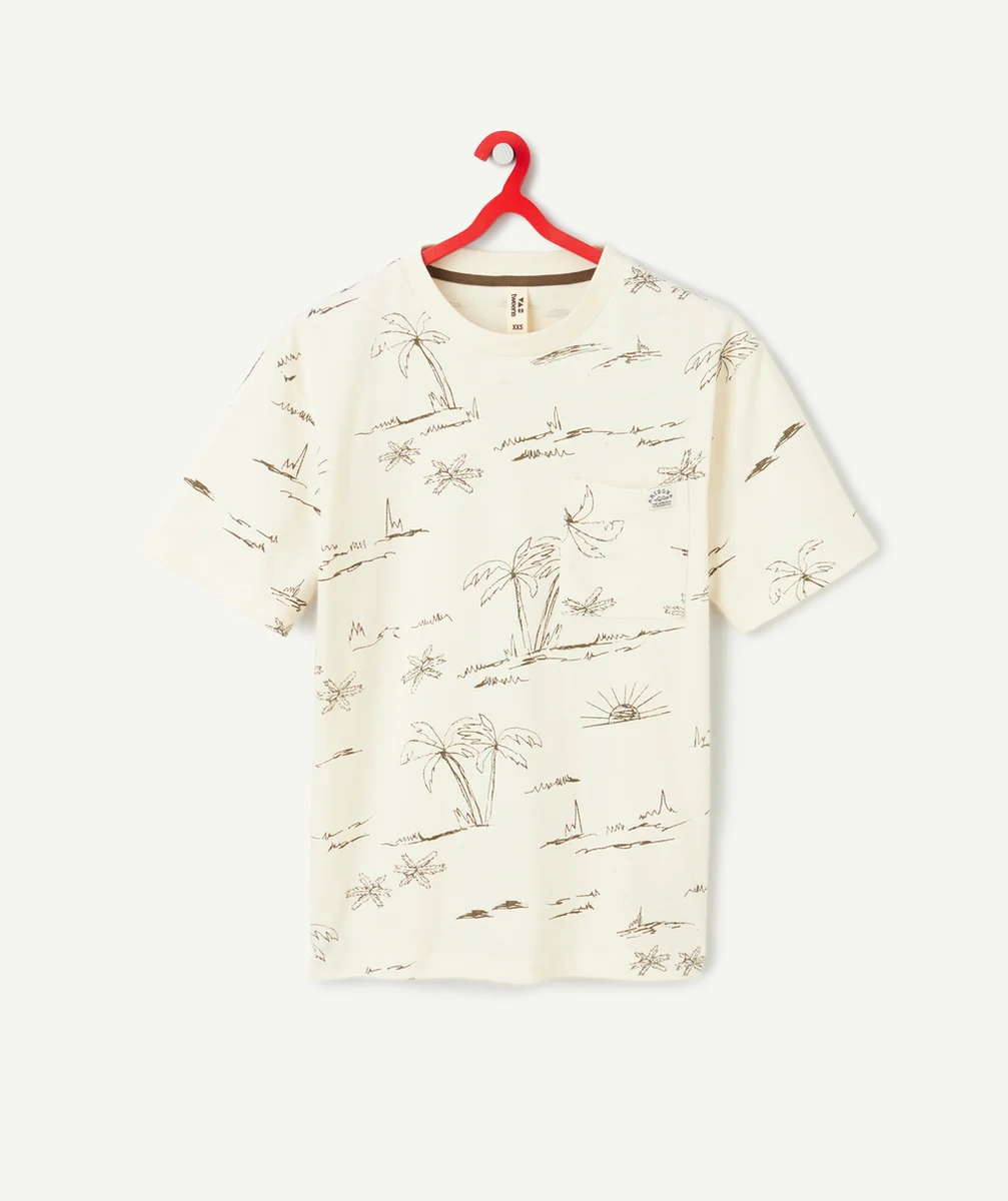 t-shirt manches courtes garçon en coton bio écru avec imprimé palmiers